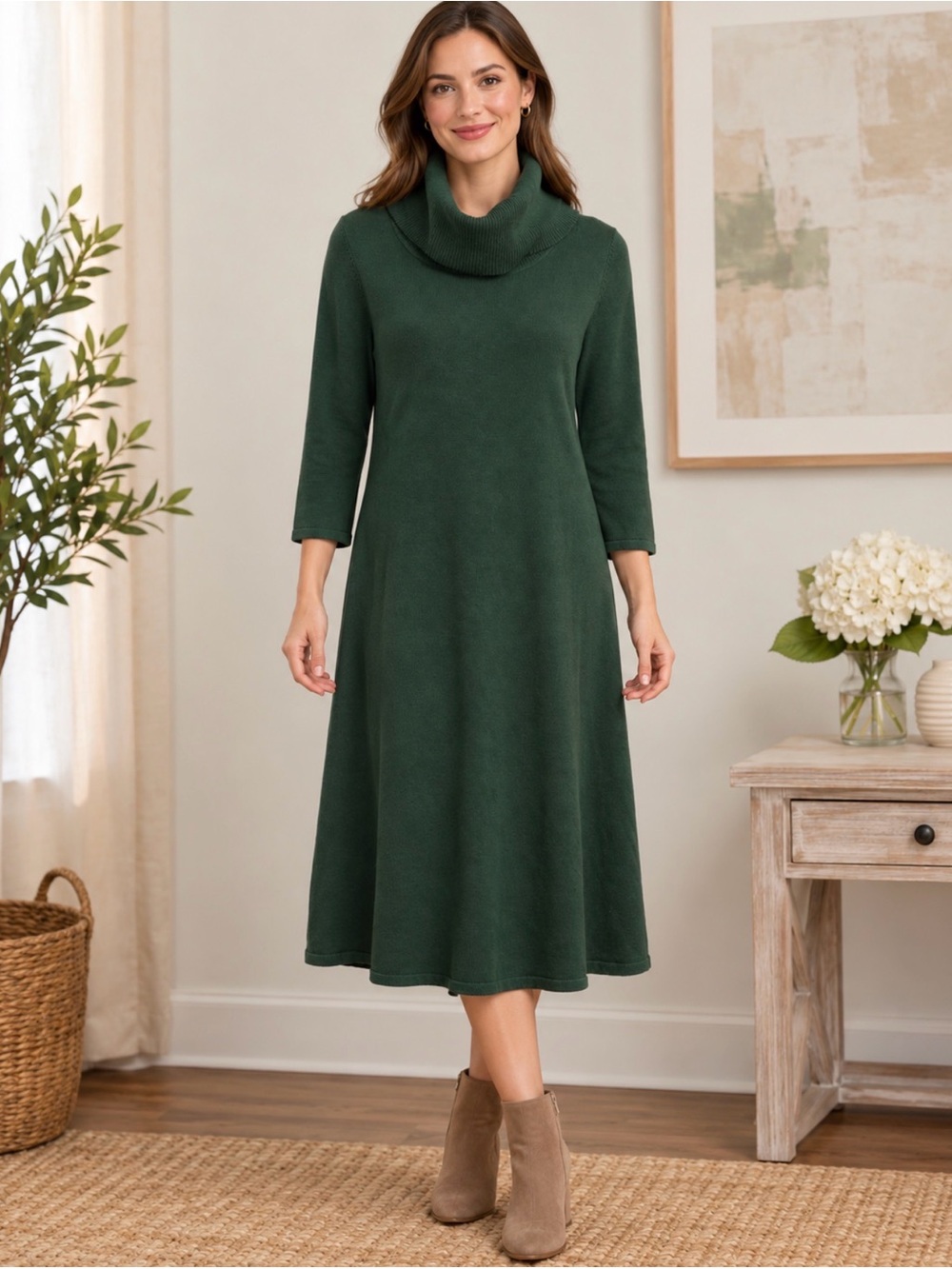 Cowl Neck Long Sleeve Dress - Forest Green size small